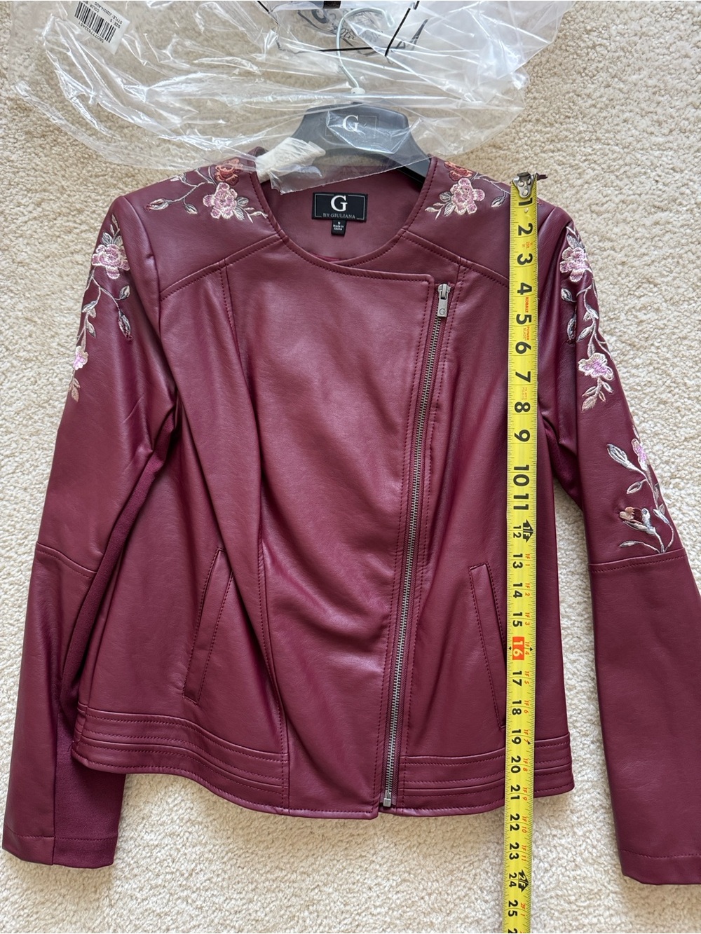G by Giuliana Burgundy Faux Leather Embroidered Moto Jacket Ladies S